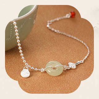 Buddha Gift 925 Sterling Silver Hetian Jade Peace Buckle Fu Character Luck Chain Bracelet