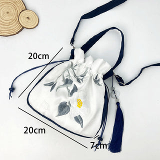 Buddha Gift Embroidered Lotus Koi Fish Crane Camellia Cotton Linen Tote Crossbody Bag Shoulder Bag Handbag