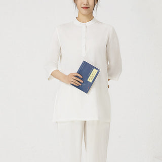 Buddha Gift 2Pcs Solid Color Three Quarter Shirt Top Pants Meditation Zen Tai Chi Cotton Linen Clothing Women's Set