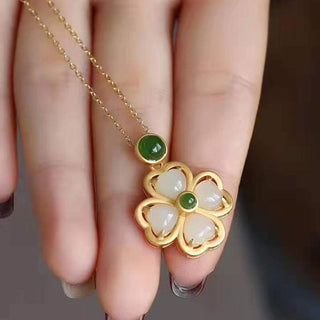 Buddha Gift 925 Sterling Silver Lucky Four Leaf Clover Jade Prosperity Necklace Chain Pendant