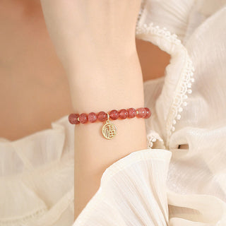 Buddha Gift 14K Gold Plated Strawberry Quartz Fu Character Healing Charm Bracelet