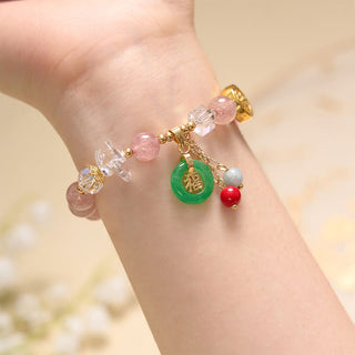 Buddha Gift Strawberry Quartz Jade Fu Character Charm Healing Bracelet