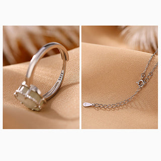 Buddha Gift 925 Sterling Silver Plated Gold Natural Hetian Jade Flower Luck Necklace Pendant Ring Set