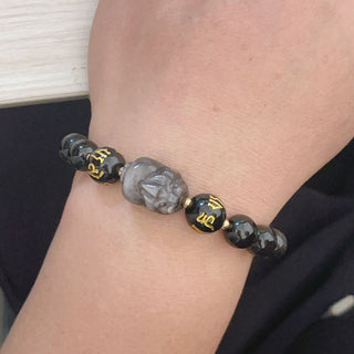Buddha Gift Natural Silver Sheen Obsidian Black Obsidian Om Mani Padme Hum Pixiu Protection Bracelet