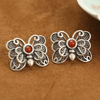 Buddha Gift 925 Sterling Silver Red Agate Butterfly Self-acceptance Ring Earrings Set