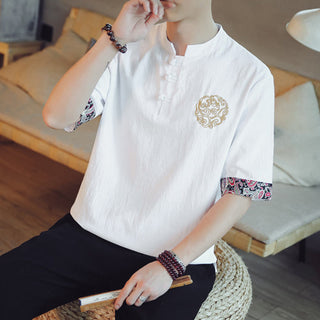 Buddha Gift Frog-Button Dragon Embroidery Chinese Tang Suit Short Sleeve Shirt Linen Men Clothing