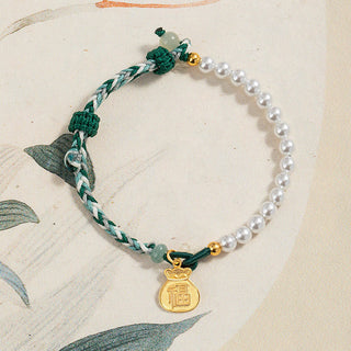 Buddha Gift 925 Sterling Silver Fu Character Lucky Bag Pearl Hetian Jade Wisdom Rope Bracelet