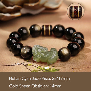 Buddha Gift Natural Gold Sheen Obsidian Hetian Cyan Jade White Jade PiXiu Wealth Bracelet