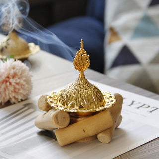 Buddha Gift Gold Alloy Healing Mini Incense Burner With Wooden Coaster Home Decor