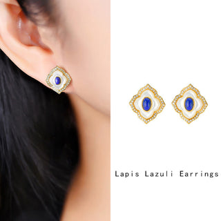 Buddha Gift 925 Sterling Silver Tridacna Stone Lazurite Prismatic Design Blessing Earrings Necklace Pendant Jewelry Set