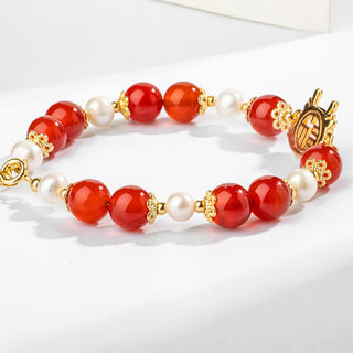 Buddha Gift 14K Gold Plated Year Of The Dragon Natural Red Agate Pearl Protection Fu Character Chain Bracelet (Extra 30% Off | USE CODE: FS30)