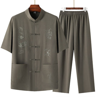 Buddha Gift Tang Suit Hanfu Chinese Dragon Traditional Kung Fu Uniform Short Sleeve Tops and Pants Clothing Men's Set