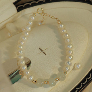 Buddha Gift 14K Gold Plated Natural Pearl Hetian Cyan Jade White Jade Sincerity Bead Chain Bracelet
