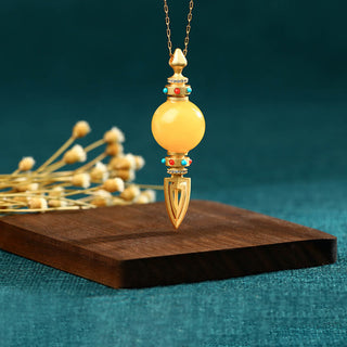 Buddha Gift 24K Gold Plated Amber Dorje Vajra Clear Anxiety Necklace Pendant