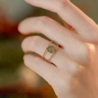 Buddha Gift Round Jade Pearl Bead Double Layer Copper Luck Adjustable Ring