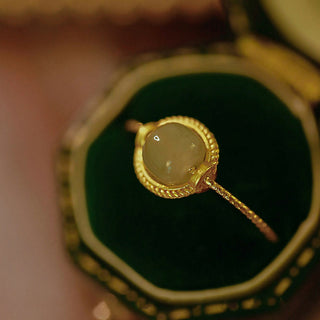 Buddha Gift 14K Gold Plated Round Jade Luck Prosperity Adjustable Ring