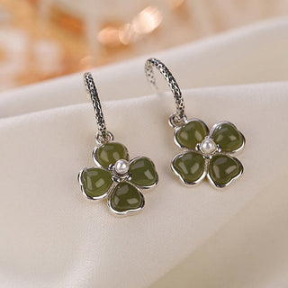Buddha Gift 925 Sterling Silver Natural Cyan Jade Four Leaf Clover Luck Success Earrings