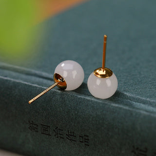 Buddha Gift 925 Sterling Silver Round White Jade Blessing Stud Earrings