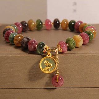 Buddha Gift Natural Colorful Tourmaline Cute Rabbit Charm Positive Bracelet