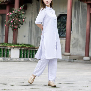 Buddha Gift 2Pcs Half Sleeve Shirt Top Pants Meditation Zen Tai Chi Linen Clothing Women's Set