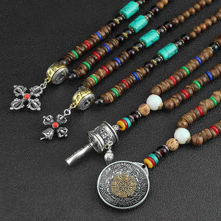 Buddha Gift Tibetan Om Mani Padme Hum Prayer Wheel Rotation Vajra Wood Necklace Pendant