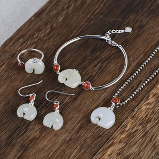 Buddha Gift 925 Sterling Silver Elephant Hetian Jade Abundance Necklace Pendant Bracelet Ring Earrings Set