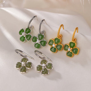 Buddha Gift 925 Sterling Silver Natural Cyan Jade Four Leaf Clover Luck Success Earrings