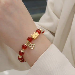 Buddha Gift Year Of The Dragon Red Agate Strawberry Quartz Black Obsidian Jade Garnet Pearl Cinnabar Dumpling Dragon Luck Fu Character Bracelet