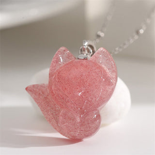 Buddha Gift 14k Gold Plated 925 Sterling Silver Strawberry Quartz Fox Healing Necklace Pendant