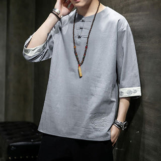 Buddha Gift Frog-Button Dragon Embroidery Chinese Tang Suit Three Quarter Sleeve Shirt Cotton Linen Men Clothing