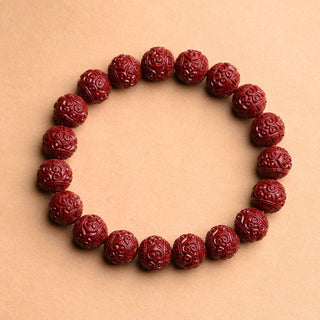 Buddha Gift Natural Cinnabar Om Mani Padme Hum Fret Pattern Lotus Blessing Bracelet