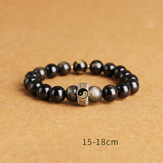 Buddha Gift 925 Sterling Silver Black Obsidian Gold Sheen Obsidian Silver Sheen Obsidian Yin Yang Protection Bracelet