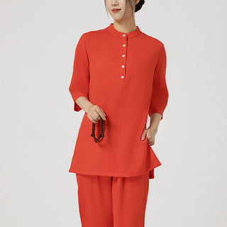 Buddha Gift 2Pcs Buttons Three Quarter Sleeve Shirt Top Pants Meditation Zen Tai Chi Cotton Linen Clothing Women's Set