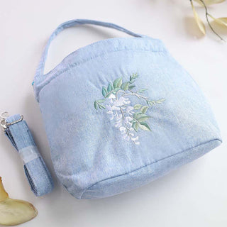 Buddha Gift Embroidery Wisteria Plum Lotus Cherry Blossom Cotton Linen Canvas Tote Crossbody Bag Shoulder Bag Handbag