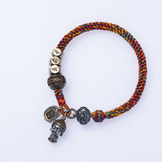 Buddha Gift Handmade Tibetan 925 Sterling Silver Chinese Zodiac Natal Buddha Zakiram Goddess of Wealth Protection Multicolored Rope Braided Bracelet