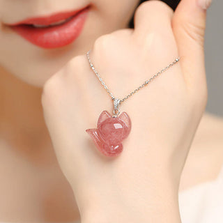Buddha Gift 14k Gold Plated 925 Sterling Silver Strawberry Quartz Fox Healing Necklace Pendant