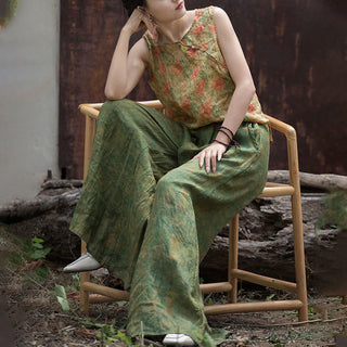 Buddha Gift Green Yellow Ramie Linen Flexible Waistband Wide Leg Pants With Pockets