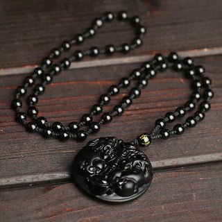 Buddha Gift Black Obsidian Double Pixiu Bead Rope Purification Necklace Pendant