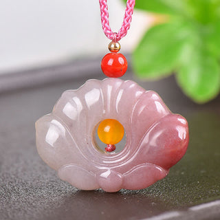 Buddha GiftPink Golden Silk Jade Lotus Flower Wealth Necklace Pendant