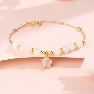 Buddha Gift 925 Sterling Silver Hetian White Jade Cherry Blossom Protection Bracelet