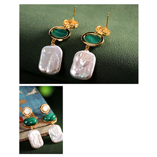Buddha Gift 925 Sterling Silver Natural Baroque Pearl Malachite Healing Wisdom Drop Earrings
