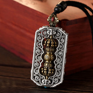 Buddha Gift Tibetan Om Mani Padme Hum Carved Dorje Vajra Rotatable Lotus Pattern Purity Rope Necklace Pendant