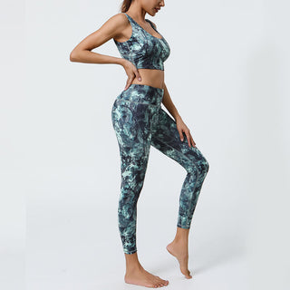 Buddha Gift 2Pcs Pineapple Grass Leaves Print Sports Fitness Crop Tank Bra High Waist Leggings Yoga Pants