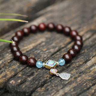 Buddha Gift 925 Sterling Silver Indian Small Leaf Red Sandalwood Aquamarine Full of Gold Star Chinese Knotting Blessing Bracelet