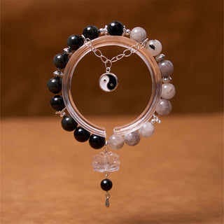 Buddha Gift Silver Sheen Obsidian Crackle Clear Quartz Black Rutilated Quartz Yin Yang Lotus Protection Bracelet