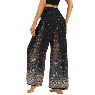 Buddha Gift Boho Peacock Feathers Lace-up Wide Leg Pants Women's Yoga Pants