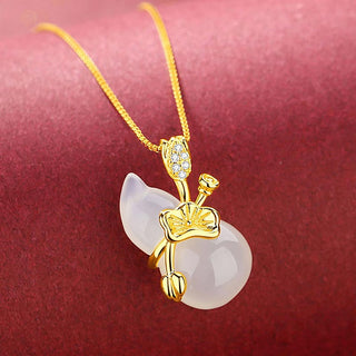 Buddha Gift Cyan Jade Gourd Lotus Leaf Abundance Pendant Necklace