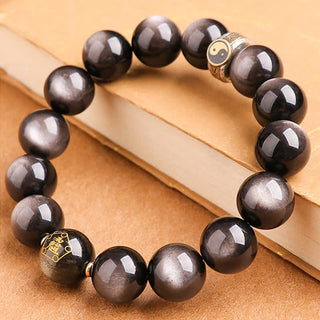 Buddha Gift 925 Sterling Silver Black Obsidian Gold Sheen Obsidian Silver Sheen Obsidian Yin Yang Protection Bracelet
