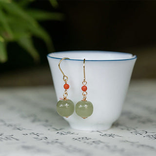 Buddha Gift 925 Sterling Silver 14K Gold Plated Hetian Jade Red Agate Luck Drop Dangle Earrings