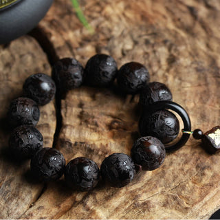 Buddha Gift Ebony Wood Chinese Character Yin Yang Engraved Gourd Balance Bracelet